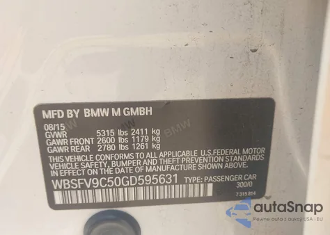 2016 BMW M5 from USA, damaged, VIN WBSFV9C50GD595631